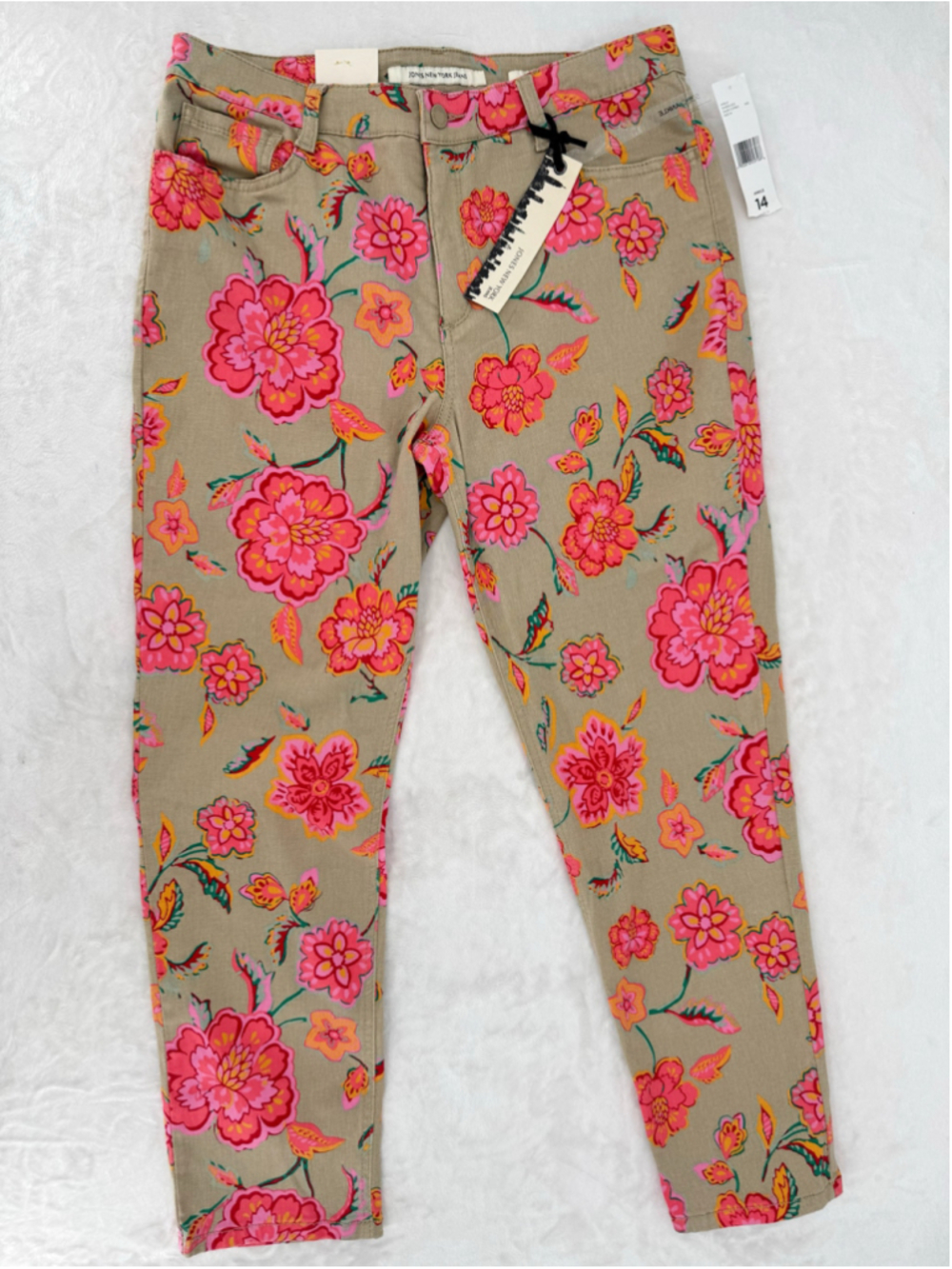 Jones New York SoHo Floral Ankle Pants Tan Coral Pink Tropical Slimming Size 14